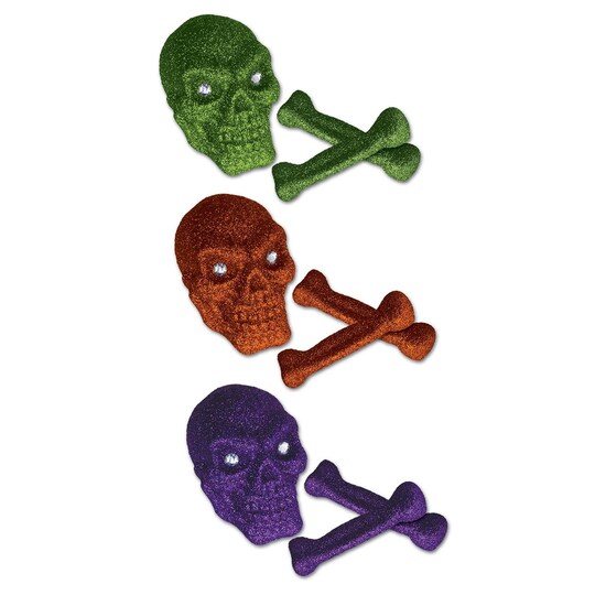 Beistle; 12 Pack Bulk Halloween Glittered Plastic Skull/Bones 3 Piece Set; Category:Halloween Party Supplies; Image:1